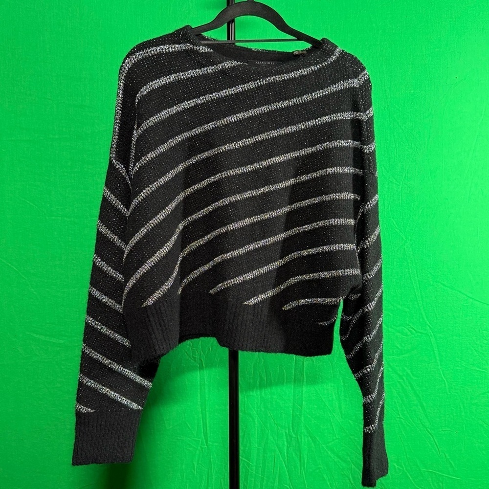 NWT All Saints Vega Diagonal Stripe Cropped Black and Silver Sweater Size Large